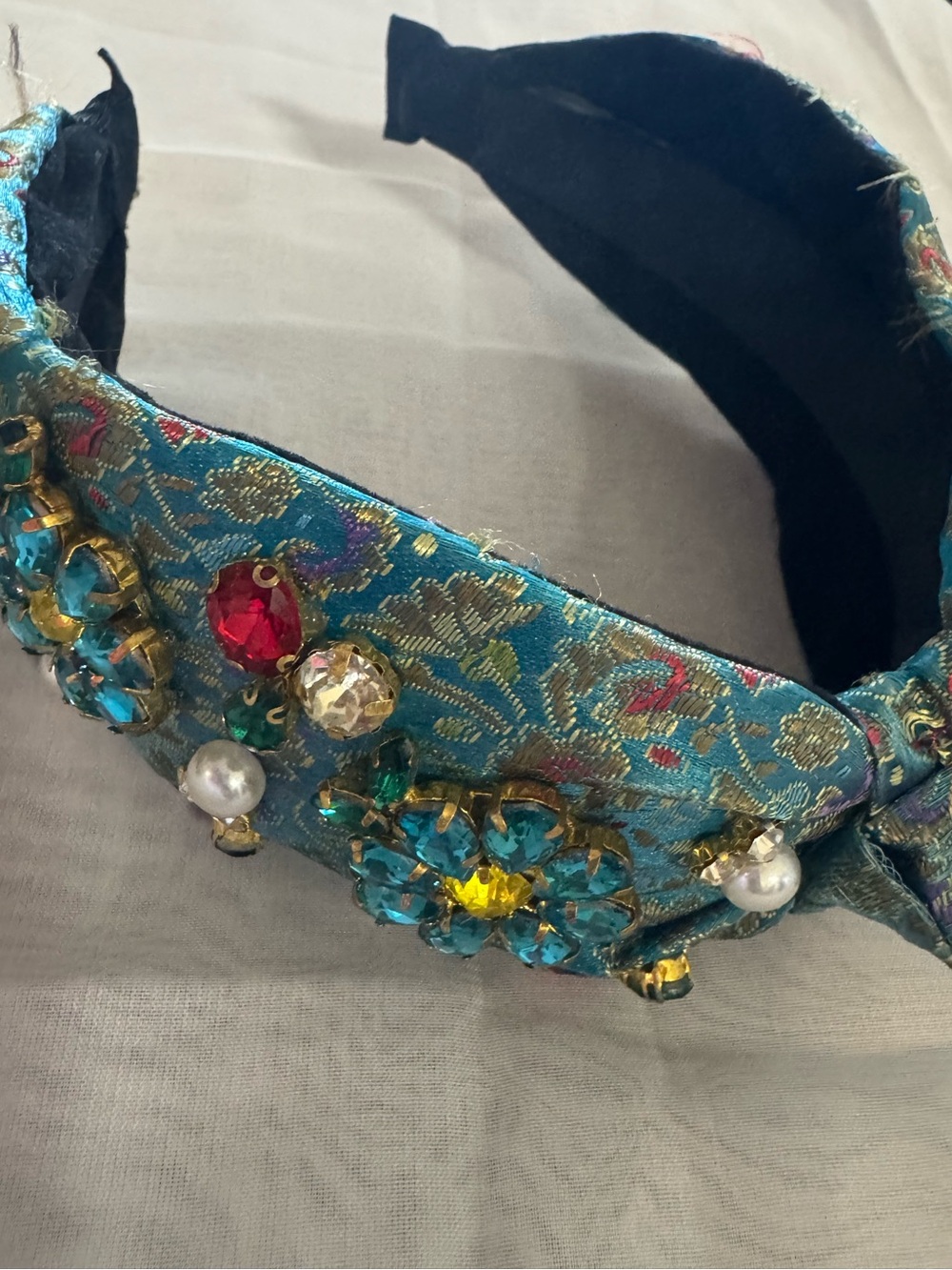 Royalty like Embellished Turquoise Brocade Headband with Gem Detailing - NWT